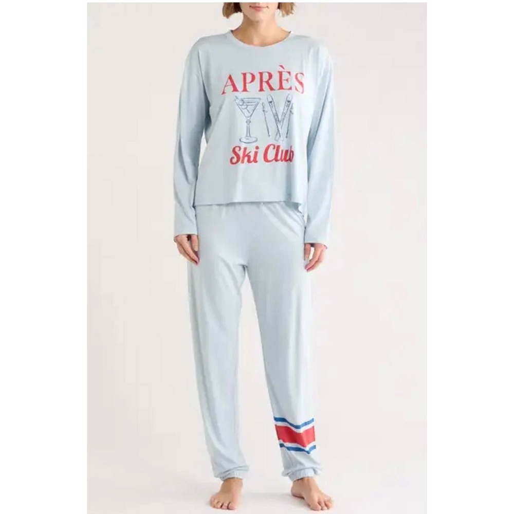 PJ Salvage Sz Med Apres Ski Club Pajama Set Light Blue Long Sleeve Joggers  NEW